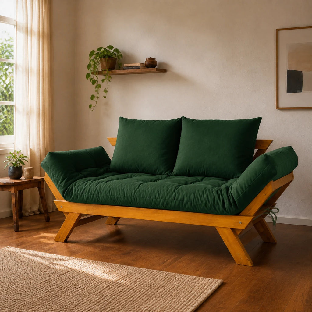 Sof� Cama Reclin�vel Futon Jap�o - Madeira Mel Tecido Sarja Cor Verde Militar - ambientada