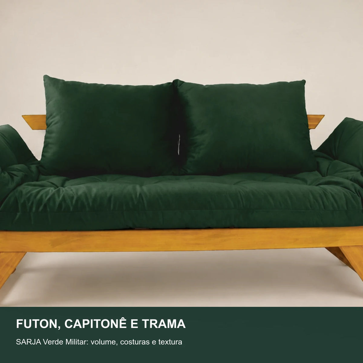 Sof� Cama Reclin�vel Futon Jap�o - Madeira Mel Tecido Sarja Cor Verde Militar - detalhe-capitone