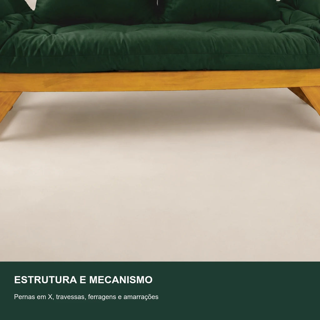 Sof� Cama Reclin�vel Futon Jap�o - Madeira Mel Tecido Sarja Cor Verde Militar - detalhe-mecanismo