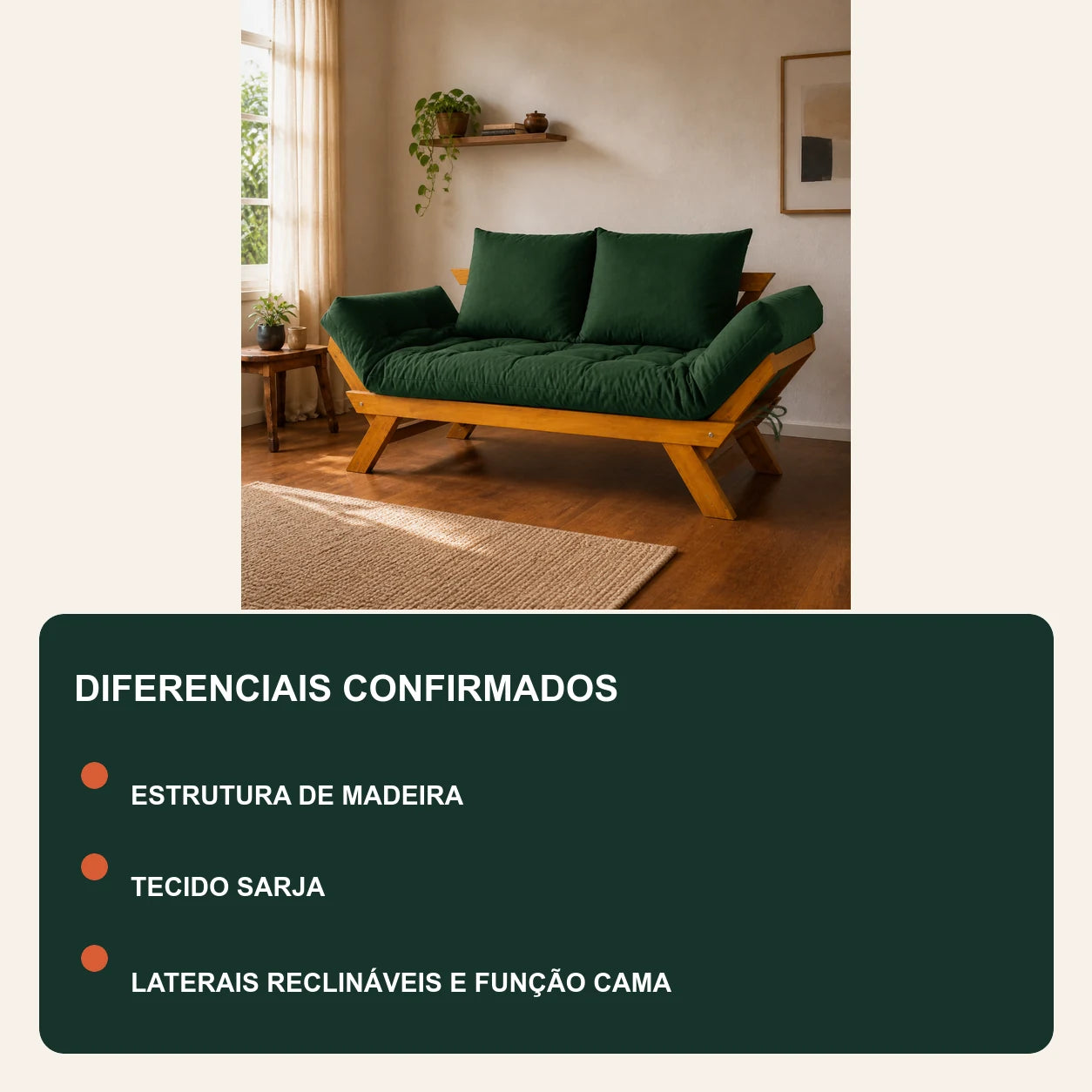 Sof� Cama Reclin�vel Futon Jap�o - Madeira Mel Tecido Sarja Cor Verde Militar - diferenciais