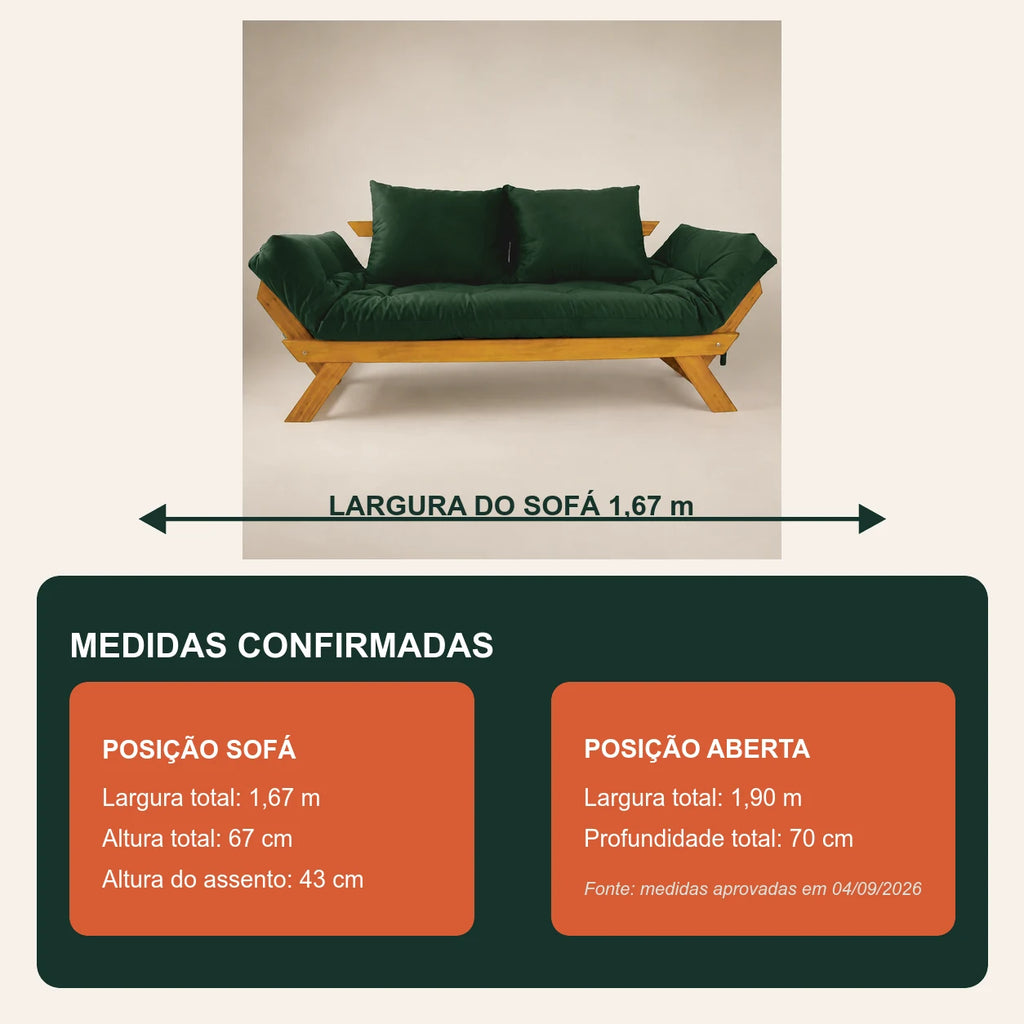 Sof� Cama Reclin�vel Futon Jap�o - Madeira Mel Tecido Sarja Cor Verde Militar - medidas