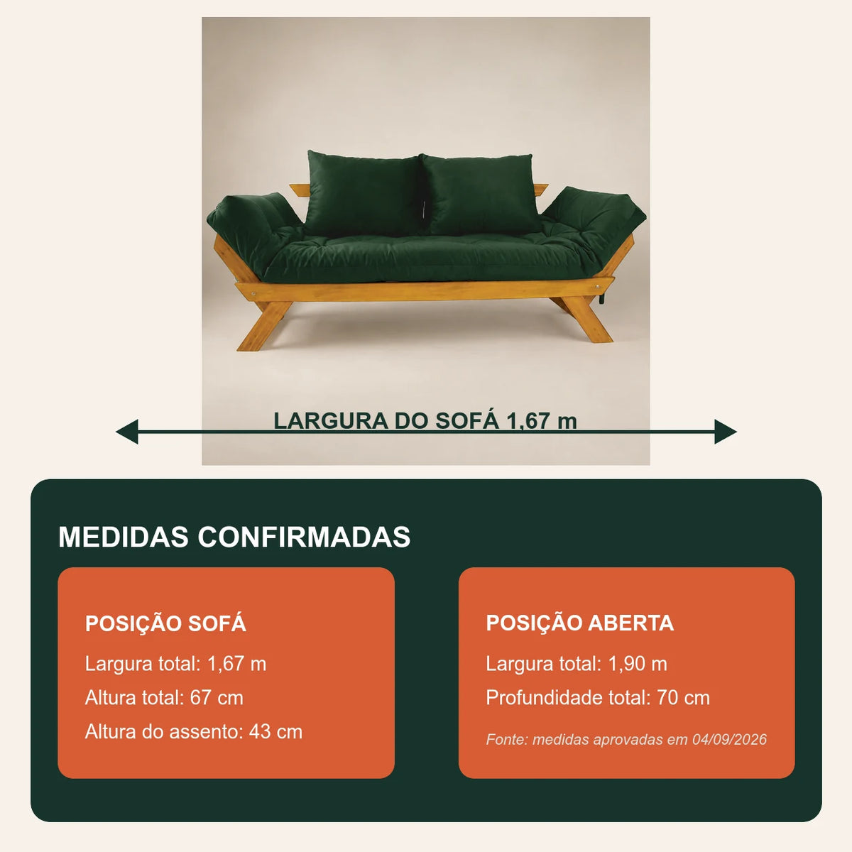 Sof� Cama Reclin�vel Futon Jap�o - Madeira Mel Tecido Sarja Cor Verde Militar - medidas