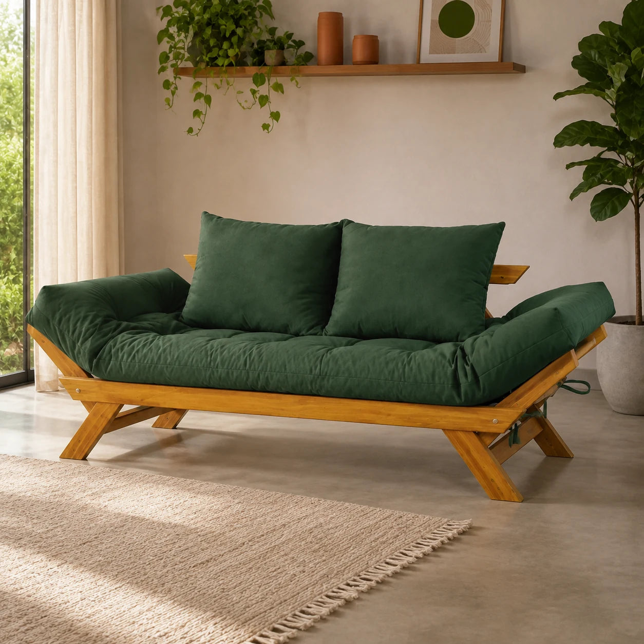 Sof� Cama Reclin�vel Futon Jap�o - Madeira Mel Tecido Sarja Cor Verde Militar - reclinada