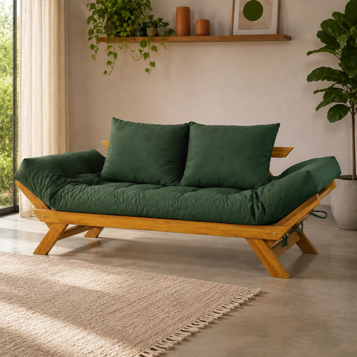 Sof� Cama Reclin�vel Futon D33 Jap�o - Madeira Mel Tecido Sarja Cor Verde Militar - reclinada