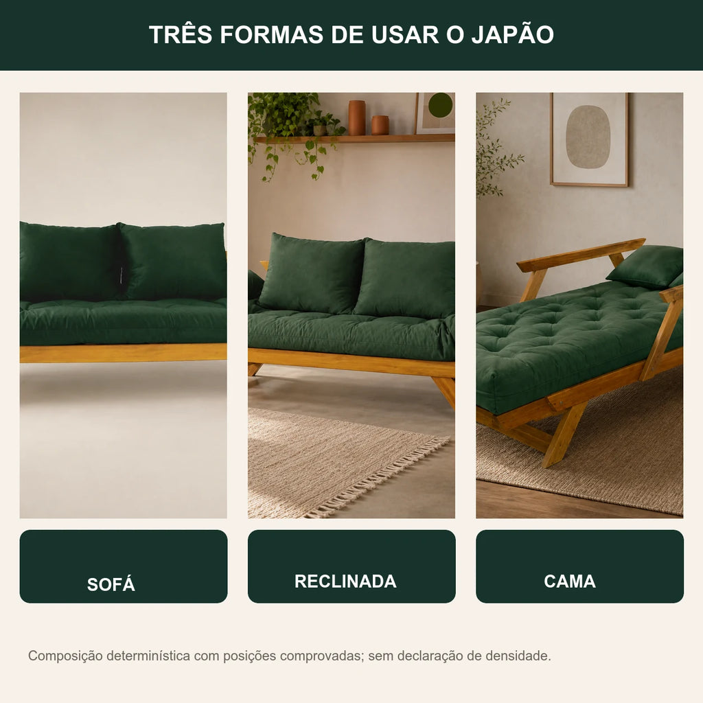 Sof� Cama Reclin�vel Futon Jap�o - Madeira Mel Tecido Sarja Cor Verde Militar - transformacao