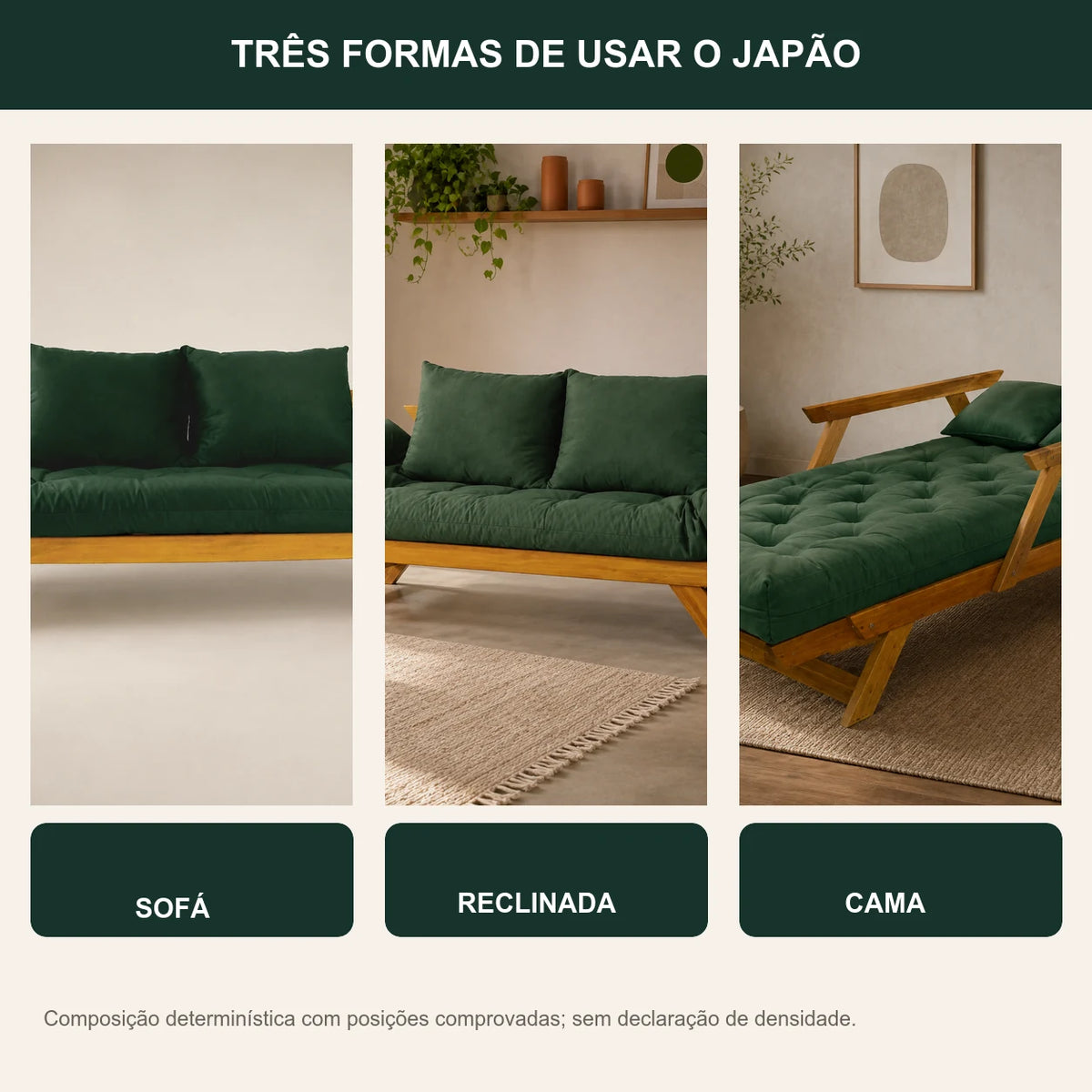 Sof� Cama Reclin�vel Futon Jap�o - Madeira Mel Tecido Sarja Cor Verde Militar - transformacao
