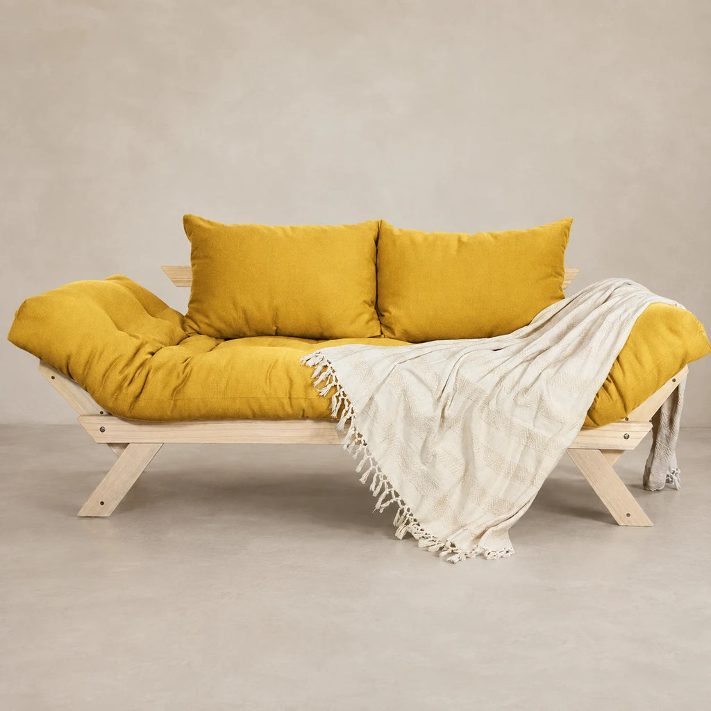 Sof� Cama Reclin�vel Futon Jap�o - Madeira Sem Pintura Tecido Acquablock Cor Amarelo