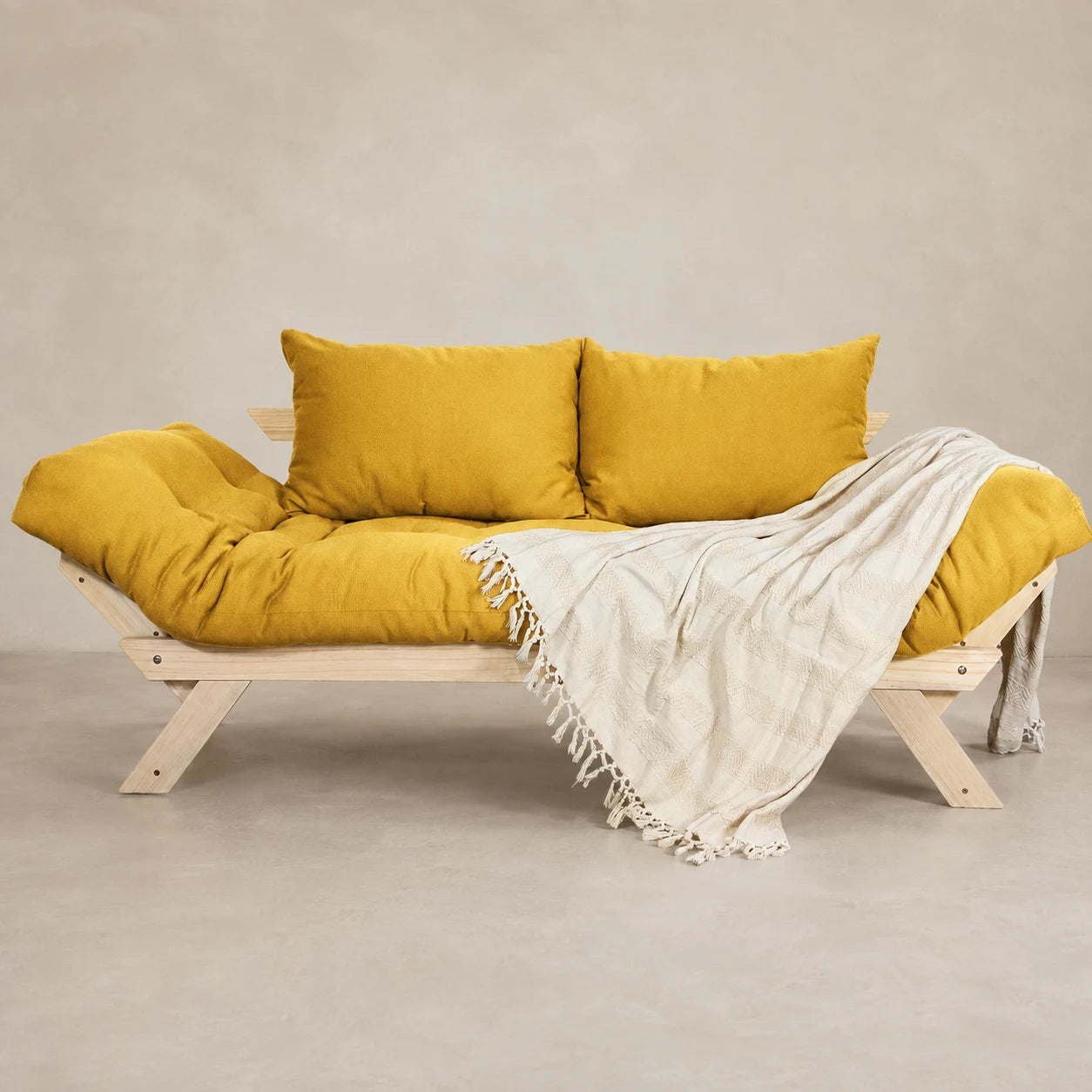 Sof� Cama Reclin�vel Futon Jap�o - Madeira Sem Pintura Tecido Acquablock Cor Amarelo