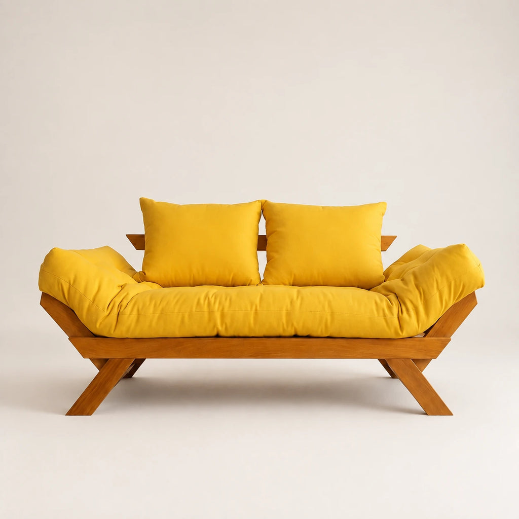 Sof� Cama Reclin�vel Futon Jap�o - Madeira Mel Tecido Acquablock Cor Amarelo