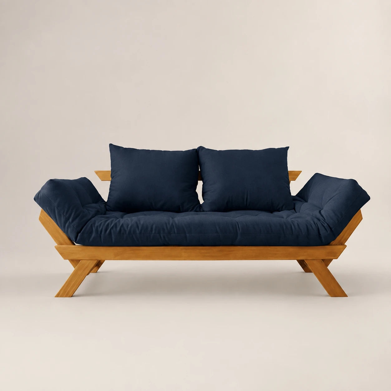 Sof� Cama Reclin�vel Futon Jap�o - Madeira Mel Tecido Acquablock Cor Azul Royal
