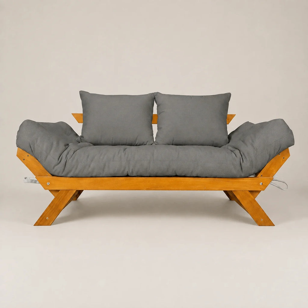 Sofá Cama Reclinável Futon Japão - Madeira Mel Tecido Acquablock Cor Chumbo