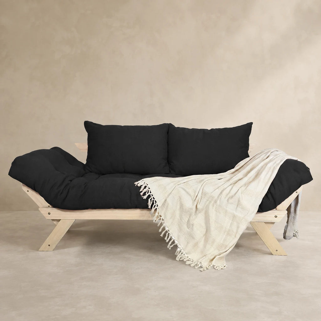 Sof� Cama Reclin�vel Futon Jap�o - Madeira Sem Pintura Tecido Acquablock Cor Preto
