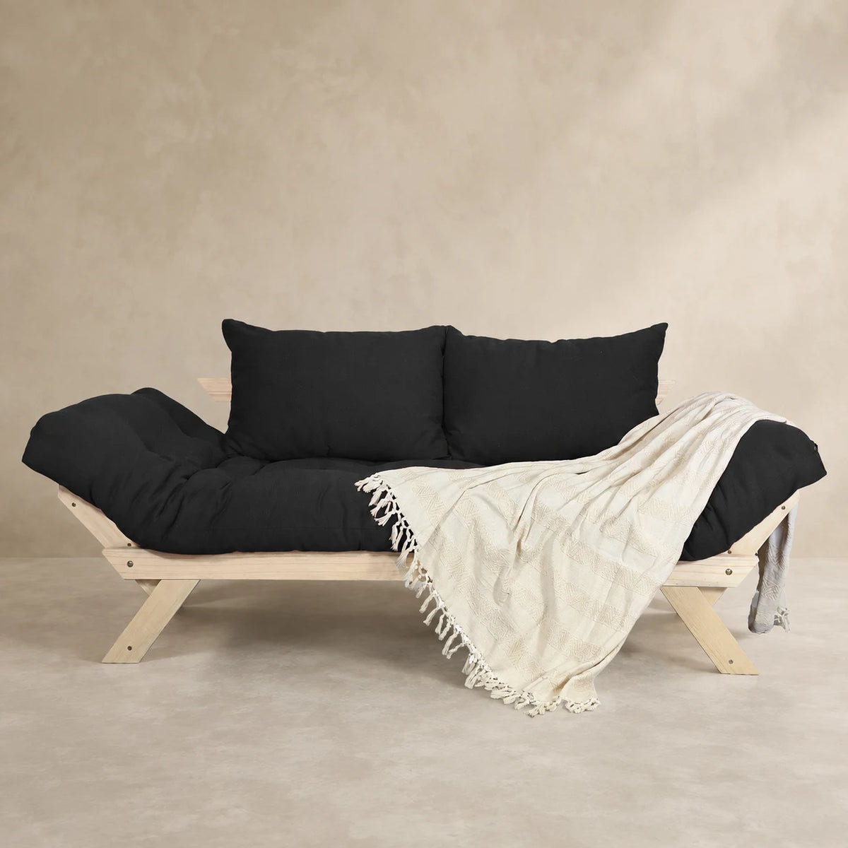 Sofá Cama Reclinável Futon Japão - Madeira Sem Pintura Tecido Acquablock Cor Preto