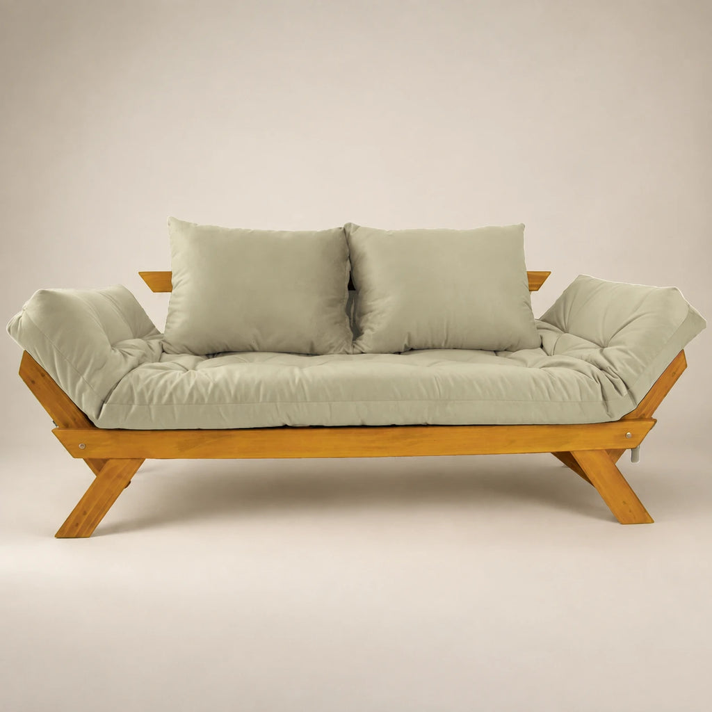 Sof� Cama Reclin�vel Futon Jap�o - Madeira Mel Tecido Sarja Cor Bege Claro