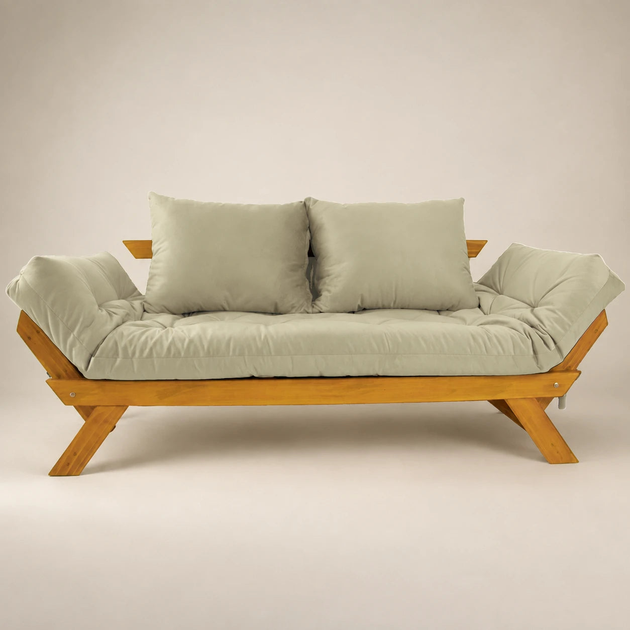 Sof� Cama Reclin�vel Futon Jap�o - Madeira Mel Tecido Sarja Cor Bege Claro