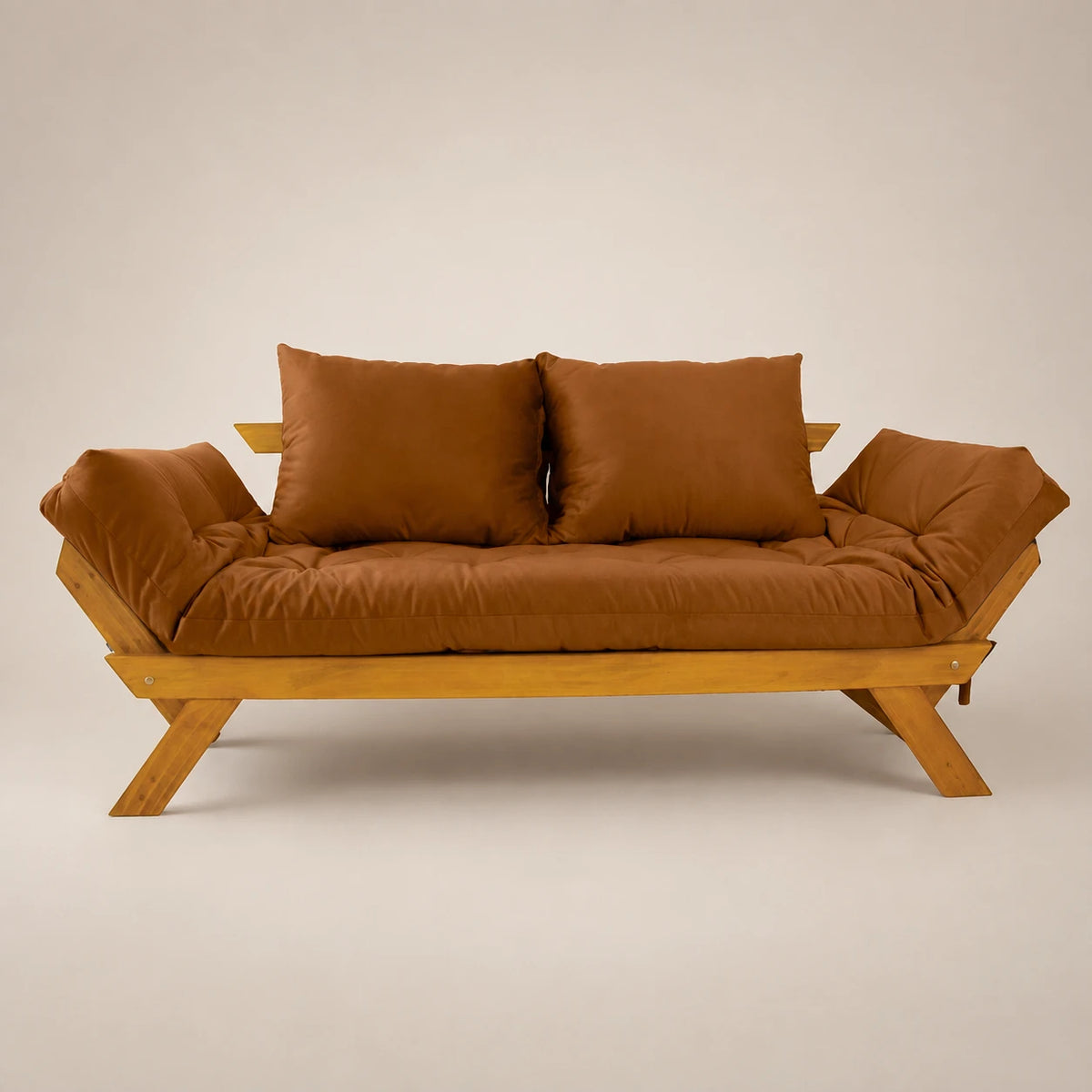 Sofá Cama Reclinável Futon Japão - Madeira Mel Tecido Sarja Cor Caramelo