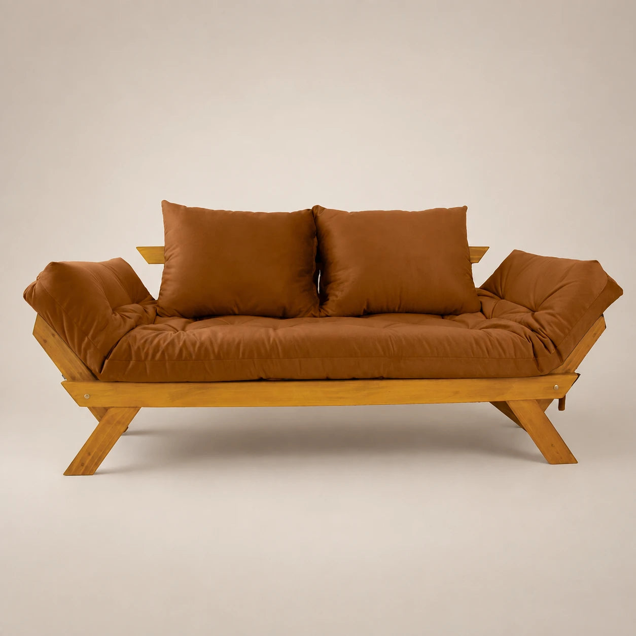 Sof� Cama Reclin�vel Futon Jap�o - Madeira Mel Tecido Sarja Cor Caramelo