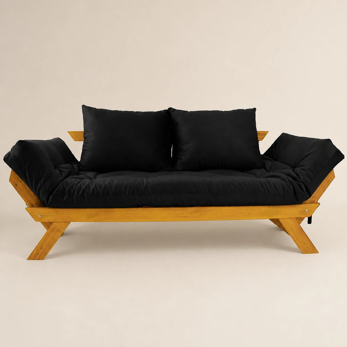 Sofá Cama Reclinável Futon Japão - Madeira Mel Tecido Sarja Cor Preto