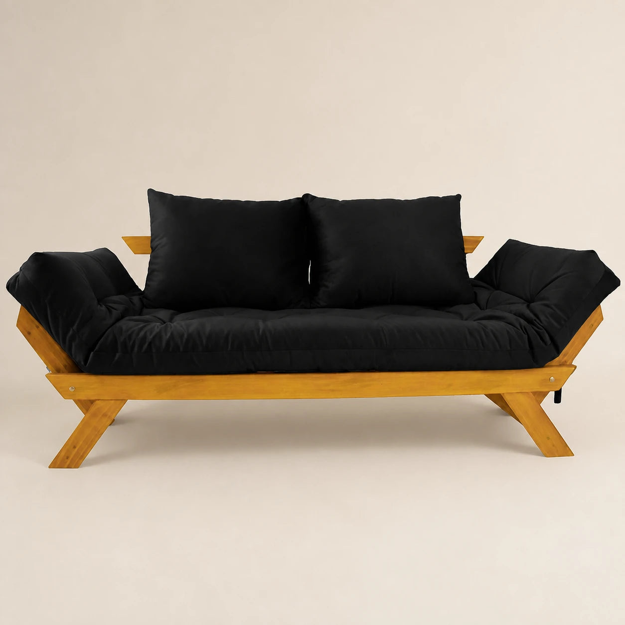 Sof� Cama Reclin�vel Futon Jap�o - Madeira Mel Tecido Sarja Cor Preto