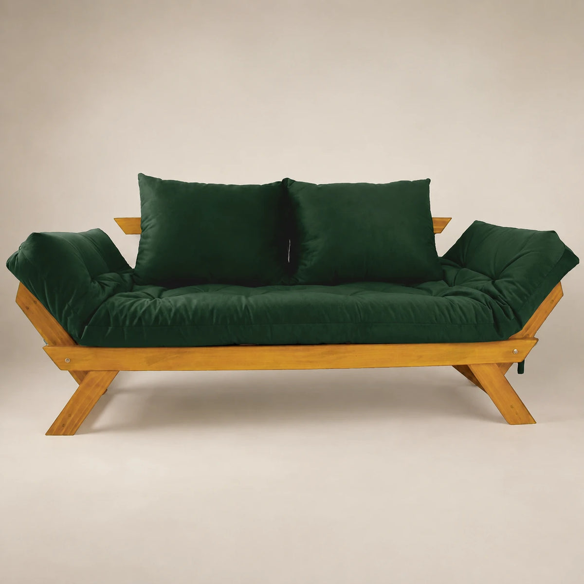 Sof� Cama Reclin�vel Futon Jap�o - Madeira Mel Tecido Sarja Cor Verde Militar