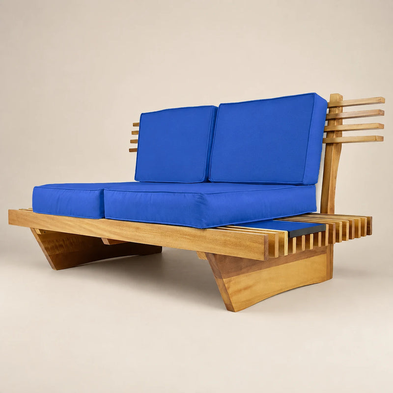 Sof� 2 Lugares Xangai Madeira Nobre Azul Royal Sala Moderna